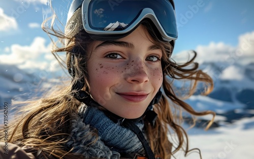 girl skier with Ski goggles and Ski helmet on the snow mountain