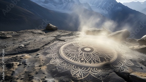 Mandala painting on a mountain rock emanating ethereal smoke  AI-generated.