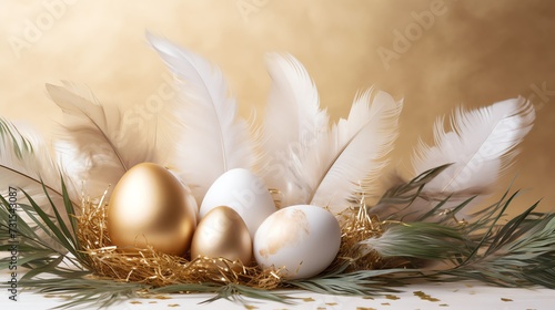 Happy Easter. Eggs with palm leaves. AI generated image.
