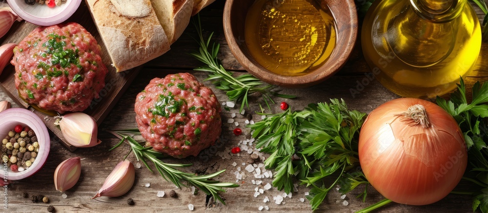 Hamburger ingredients on a table comprising meatball, onion, herbs, olive oil, and bread.