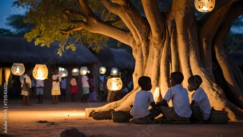 Experience the vibrant culture and community spirit as African kids gather under the tree for lively discussions. From sharing stories to exchanging ideas, these gatherings are a cherished tradition, 