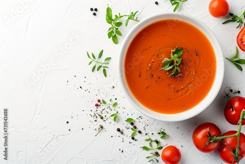 Tomato soup arranged on a white surface