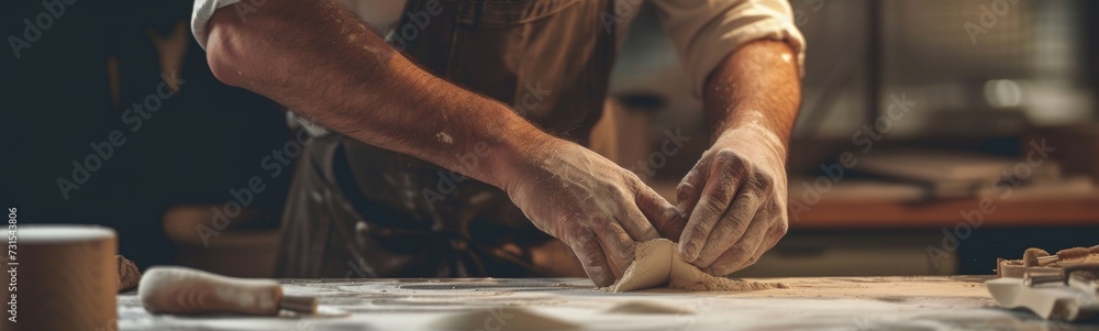 Cook making dough . Food kitchen background . Banner Cook making dough . Food kitchen background . Banner