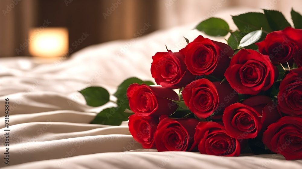 Fototapeta premium A bouquet of red roses on the bed. Romantic background.
