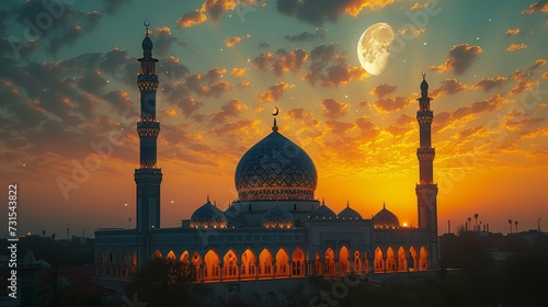 mosque with crescent moon background at afternoon with stars