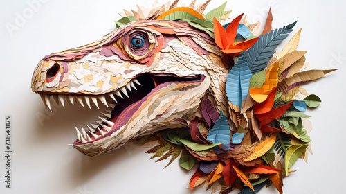 An intricate 3D paper model of a ferocious Tyrannosaurus rex photo