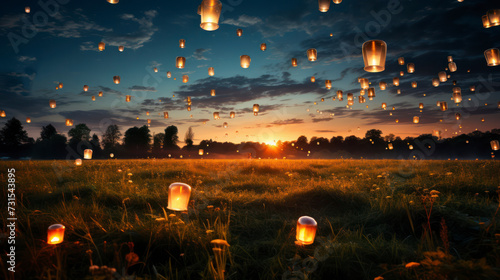 2000 lanterns flying in the sky over a meadow, blue hour. Generative AI photo