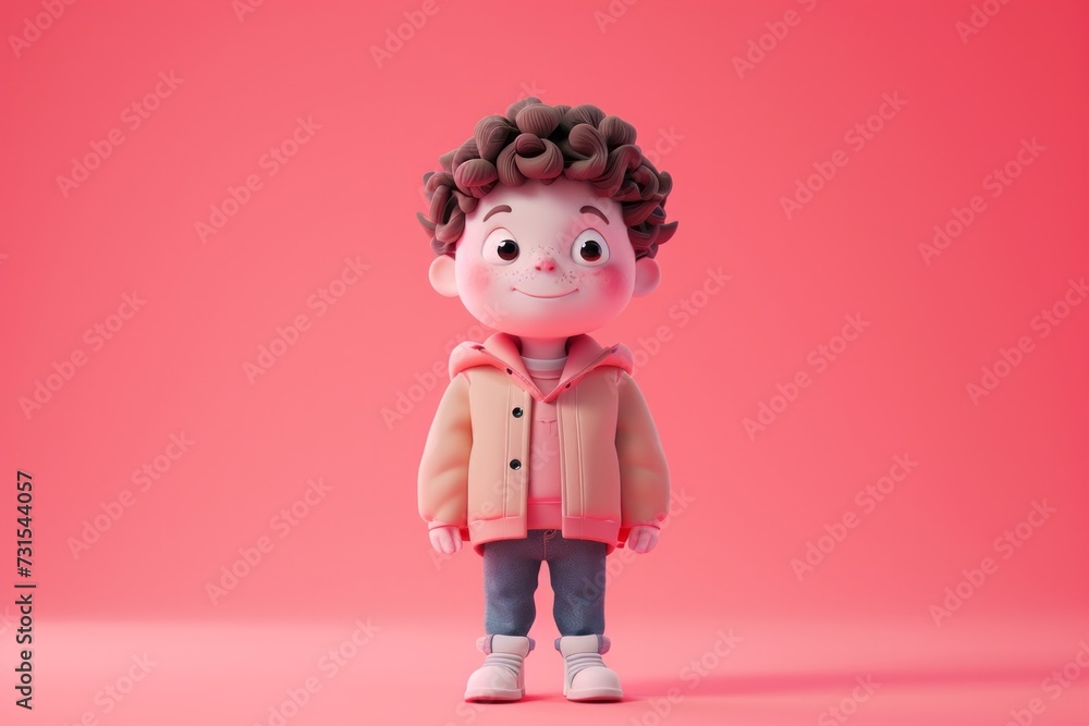 cute, smiling cartoon boy with curly hair, wearing a jacket, against a pink background.
