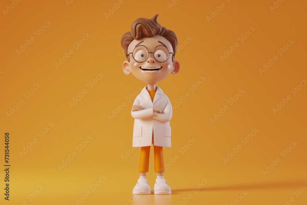 3D cartoon scientist character with glasses and lab coat on orange background. 3D cartoon scientist character with glasses and lab coat on orange background.