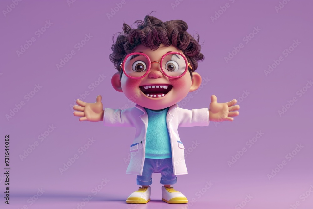 3D illustration of a cheerful cartoon scientist with glasses and lab coat on a purple background, expressing excitement or welcome.