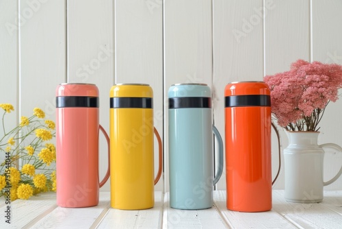 Colorful thermos mugs on a white table against a white background