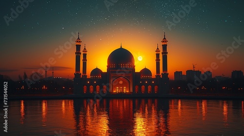 mosque near the lake in the afternoon with sunset