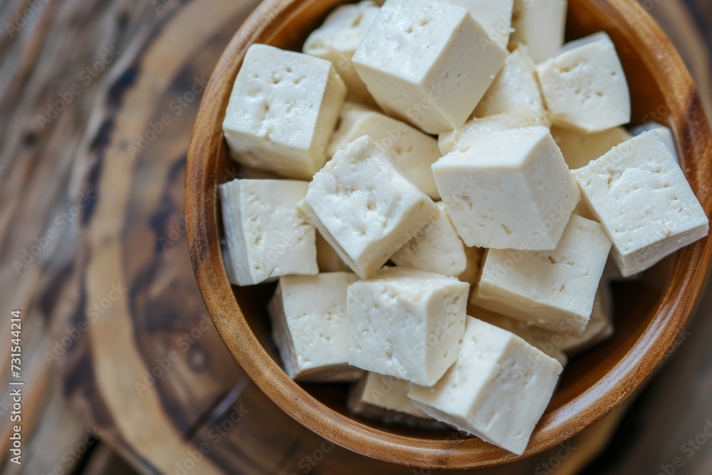 Fototapeta premium Close up view of white tofu cubes a component of Asian cuisine and a meat substitute in a wooden bowl