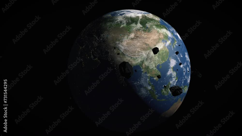 Satellite view of planet Earth and silhouettes of rock objects orbiting around. 3D realistic animation of universe Satellite view of planet Earth and silhouettes of rock objects orbiting around. 3D realistic animation of universe