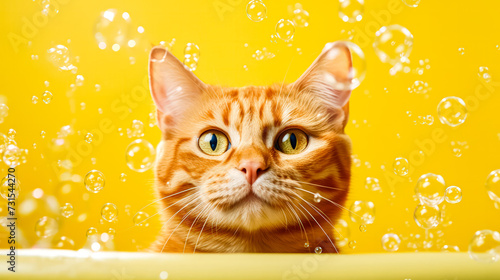 A playful red cat enjoys a bubbly bath in a bathtub