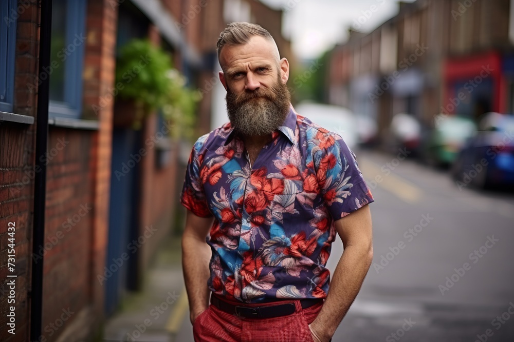 Portrait of a handsome mature man with a long beard and mustache in a colorful shirt on the street. Portrait of a handsome mature man with a long beard and mustache in a colorful shirt on the street.