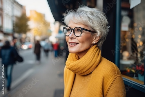 Portrait of smiling senior woman in eyeglasses in city street.