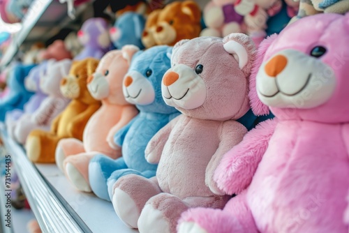 Selective focus on fair prizes including plush toys stuffed animals and plush dolls © LimeSky