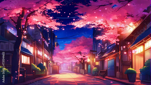 Night city street with pink cherry blossom trees.