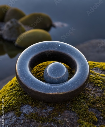 a ring with nature reflected in it on a gravel ground at sunset 