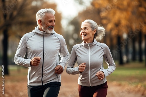 Retirement  couple and running fitness health for body and heart wellness with natural ageing. Married  mature and senior people enjoy nature run together for cardiovascular vitality workout.