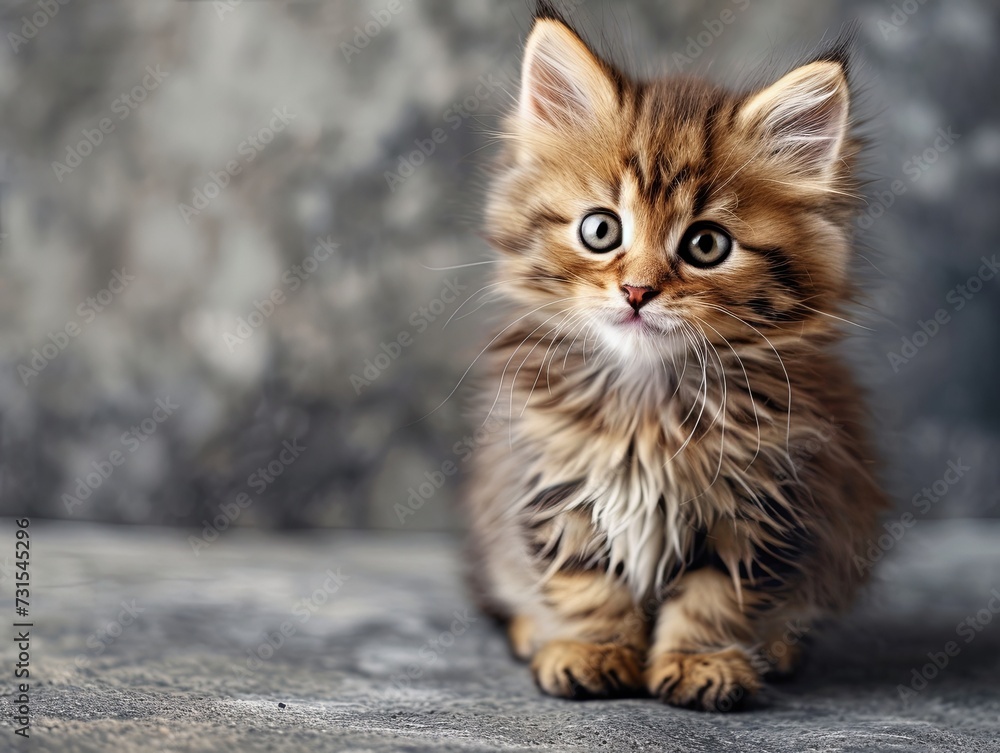 Little fluffy kitten on a gray background