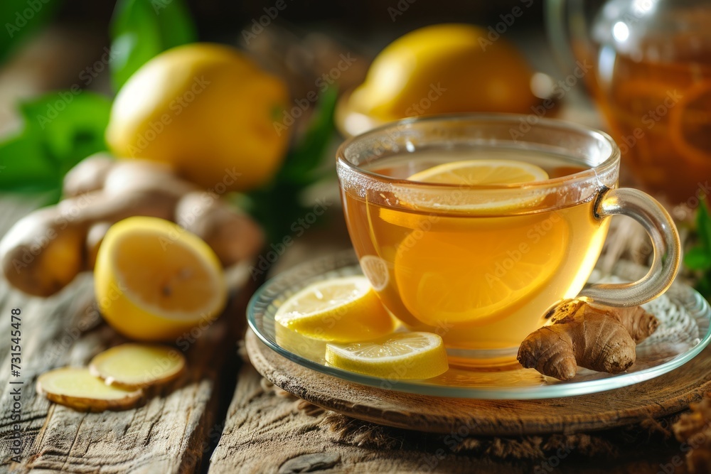 Ginger tea with lemon on table food photography Morning light wooden table Ginger tea with lemon on table food photography Morning light wooden table