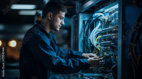 Young male engineer conducting server diagnostics