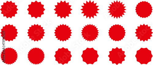 Starburst red sticker set - collection of special offer sale oval and round shaped sunburst labels and badges. Red starburst, sunburst, stamp, seal, label or burst, badge, sticker. Vector.