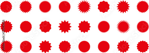 Starburst red sticker set - collection of special offer sale oval and round shaped sunburst labels and badges. Red starburst, sunburst, stamp, seal, label or burst, badge, sticker. Vector.