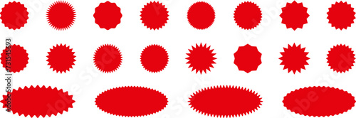 Starburst red sticker set - collection of special offer sale oval and round shaped sunburst labels and badges. Red starburst, sunburst, stamp, seal, label or burst, badge, sticker. Vector.