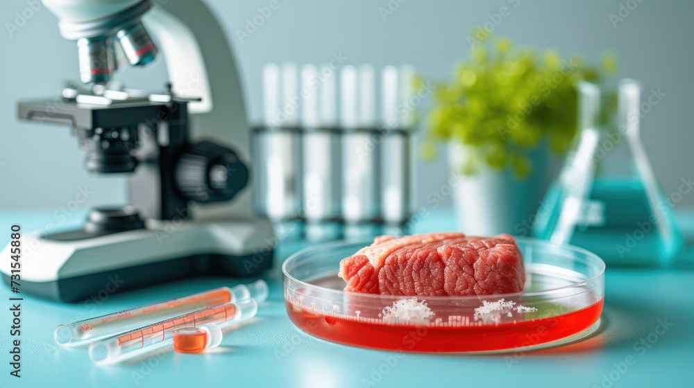 Laboratory grown meat concept, red synthetic artificial meat with microscope, laboratory accessories, measuring utensils. Lab grown meat concept. Scientific research Laboratory grown meat concept, red synthetic artificial meat with microscope, laboratory accessories, measuring utensils. Lab grown meat concept. Scientific research