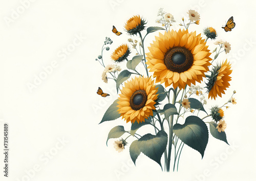 Beautiful sunflowers and green leaves in withe background. Flora autumn or summer concept ai generative