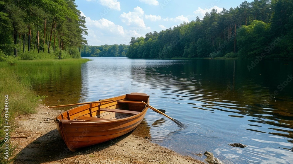 Wooden boat with oars on the shore of a forest lake. Summer holidays