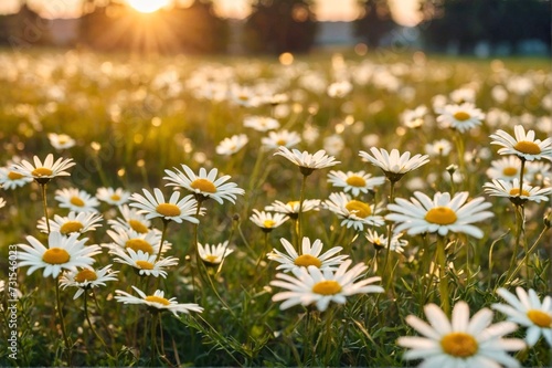 Landscape of white chamomiles in a field, with the focus on the setting sun. The grassy meadow is blurred, creating a warm golden hour effect during sunset and sunrise time