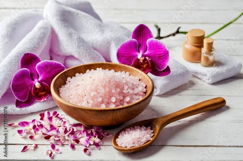 Pink spa sea salt, aroma oil, white towel and purple orchid on white wooden background. Spa cosmetic and beauty treatment concept. 