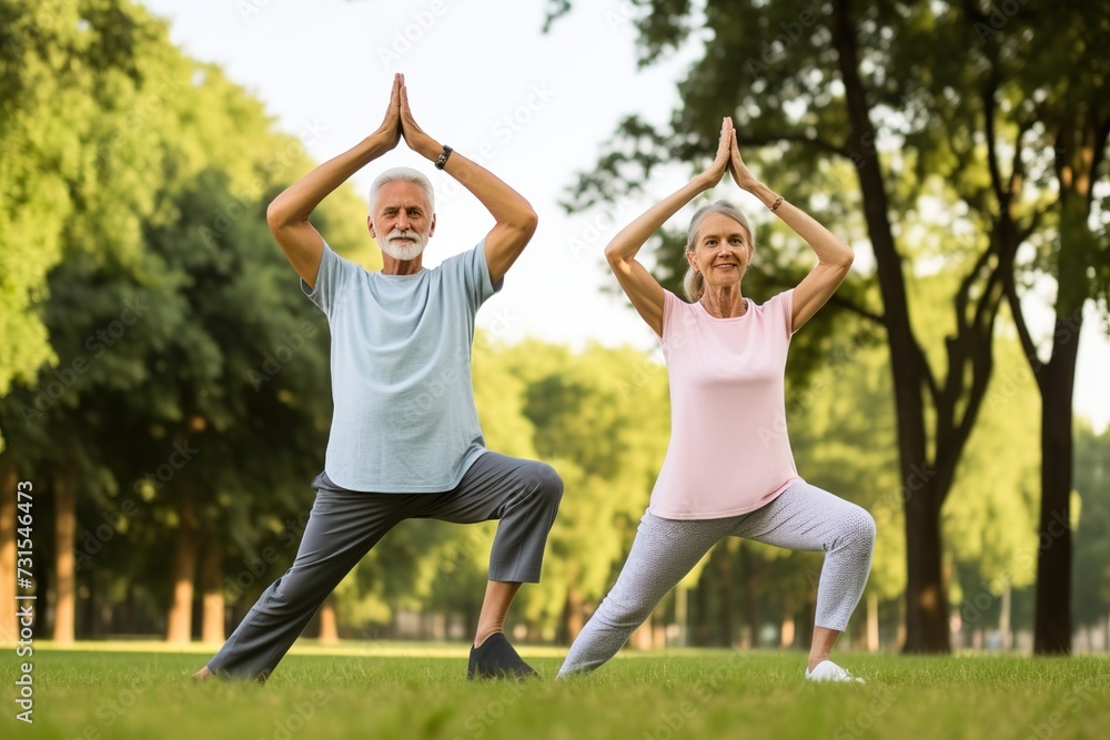 Yoga at park. Senior family couple exercising outdoors. Concept of healthy lifestyle. Yoga at park. Senior family couple exercising outdoors. Concept of healthy lifestyle.