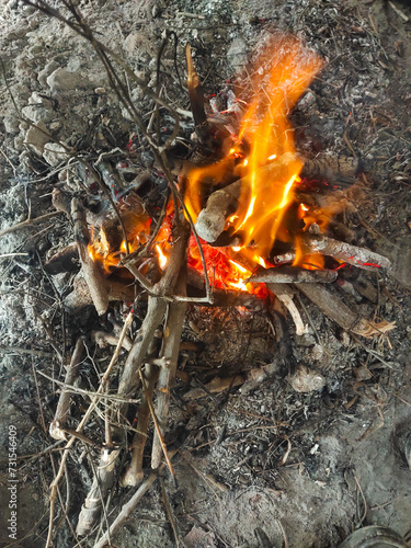 Top view of wood fire flames in winter season