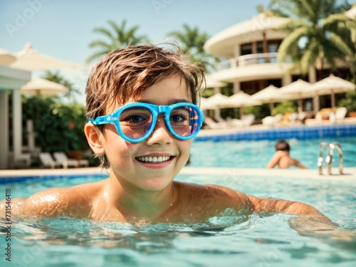 Portrait smiling boy in swimming pool, child in swimming glasses. Summer travel hotel vacation or classes © Марина Андриянова