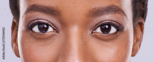 Fotografie Eyes, beauty and woman with lashes and microblading, cosmetics and contact lenses for vision on white background