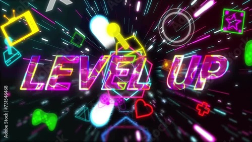 Animation of level up text over neon video game icons on black background photo
