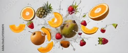 frozen movement of tropical fruits exploding/throwing out tropical fruits on a white background.