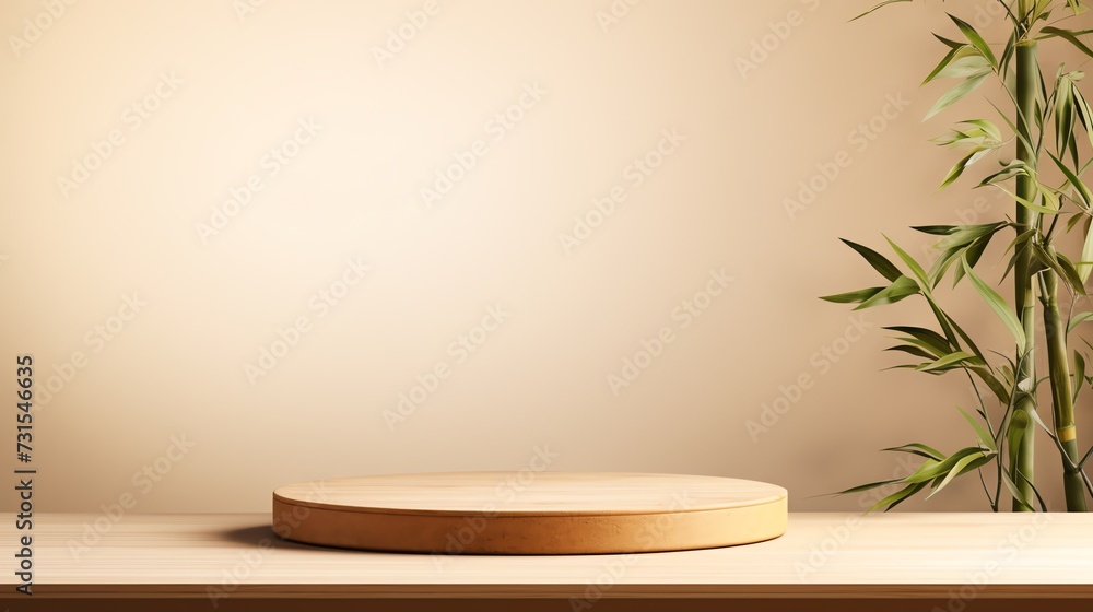 Mockup display podium with bamboo tree for a natural product. AI generated image.