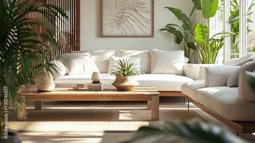Minimalist living room, white designer sofa and pillows on wooden legs and rectangle coffee table with houseplant and daylight background. Cozy scandinavian living room interior