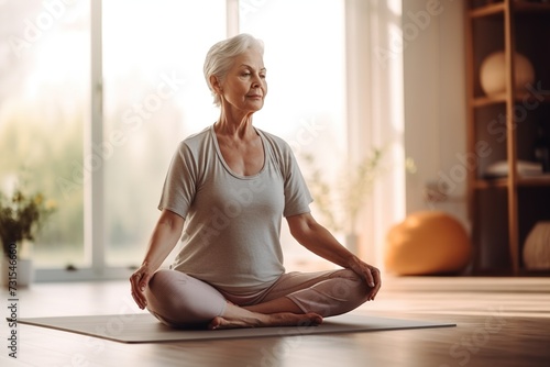 Full-length view of an elderly woman, 60 years old practicing yoga in the lotus position. A mature yoga teacher finds time for herself at home. Meditation and relaxation. photo