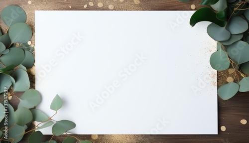 Blank white letter paper mockup surrounded with eucalyptus leaves . AI generated image.