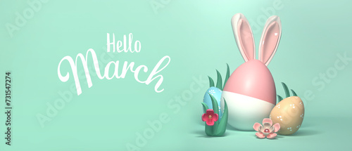 Hello March message with colorful Easter eggs and rabbit ears