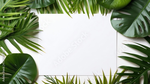 Blank white letter paper mockup surrounded with palm leaves . AI generated image.