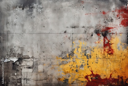 Abstract Grunge Wall with a Vivid Splash of Yellow and Red Paint