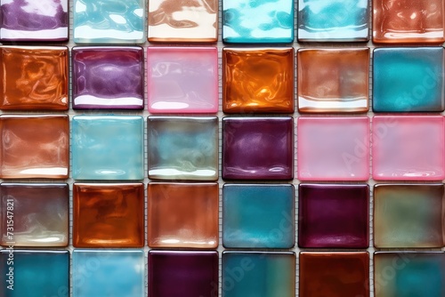 Colorful Mosaic of Tiled Glass Jars Filled with Liquid in Various Shades